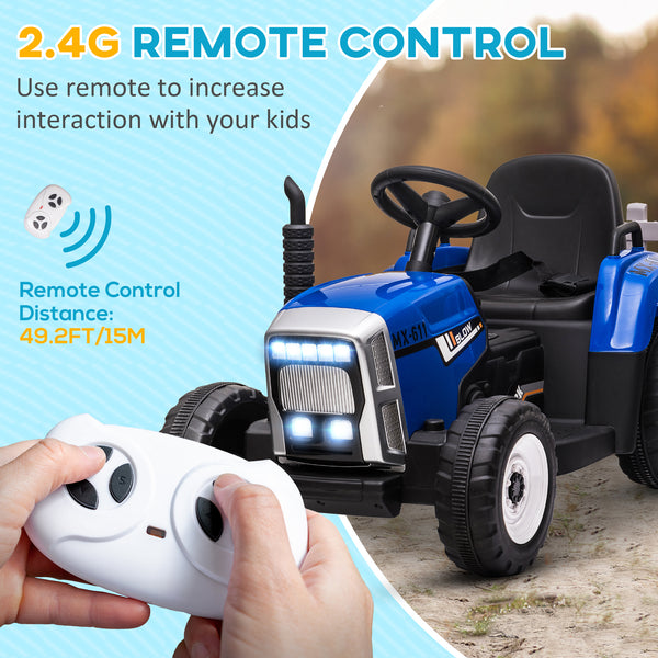 Ride On Tractor, Battery Powered Electric Car, With Detachable Trailer, Remote Control, Music, Blue